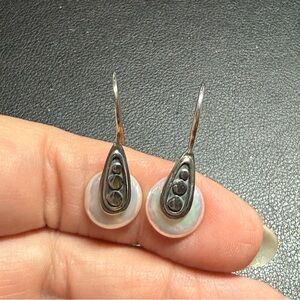 Sterling Pearl Button Drop Hook Earrings Annika Witt Bali Signed ATI ID 1 1/8"